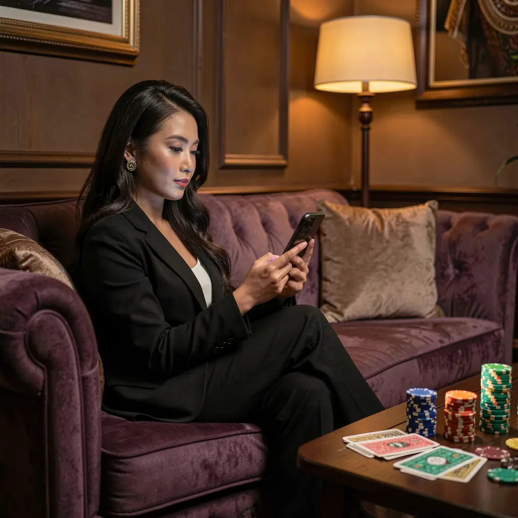 Focused Filipino player using the BATAKPH mobile casino app with glowing chips and cards creating an immersive gaming mood