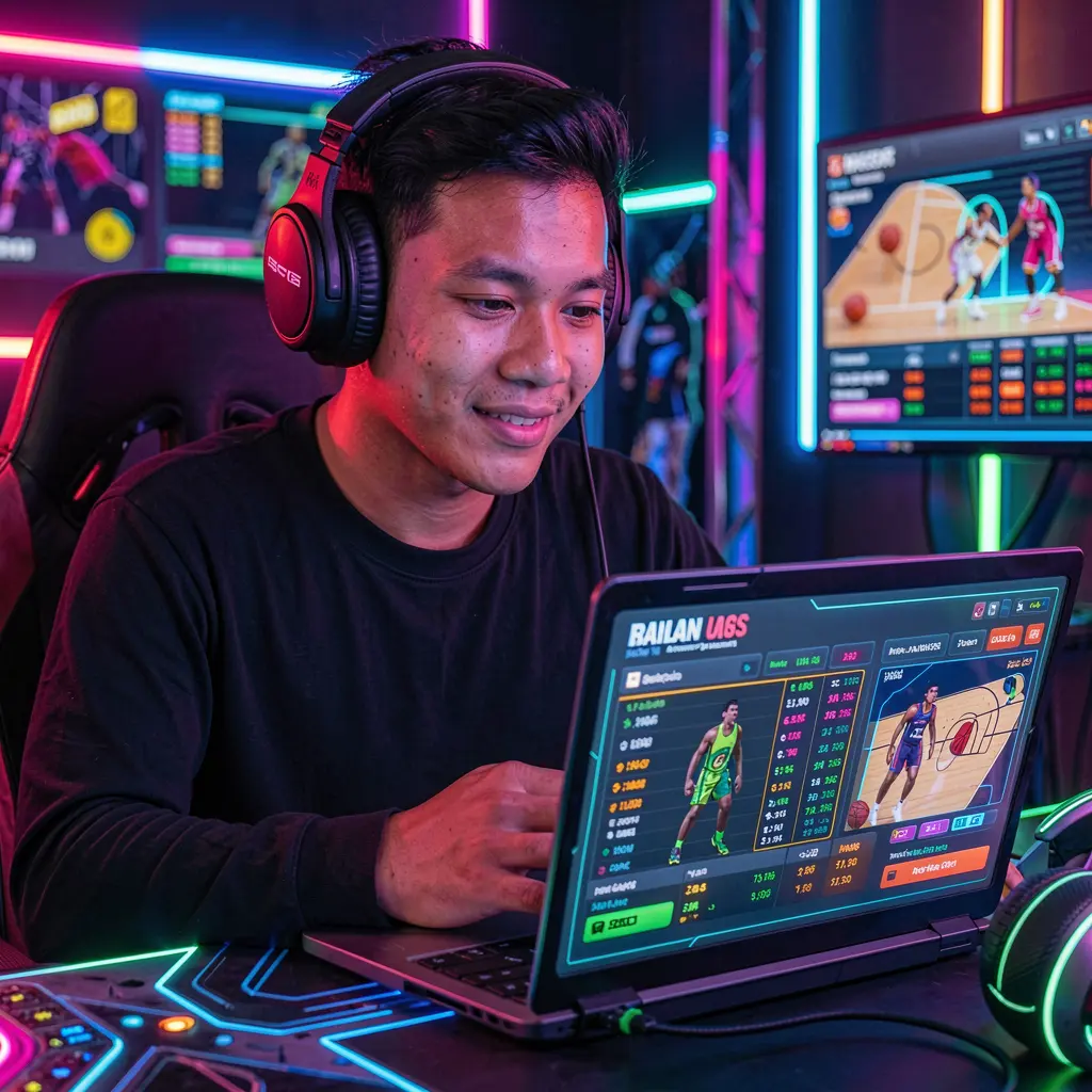 Focused Filipino sports bettor analyzing live basketball odds on a laptop with neon visuals representing fast and smart betting on BATAKPH