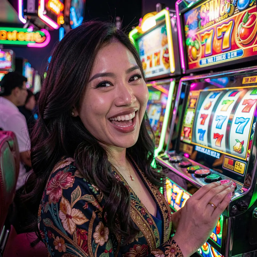 A stylish female player enjoying colorful slot machines with glowing 777 symbols at BATAKPH casino in the Philippines